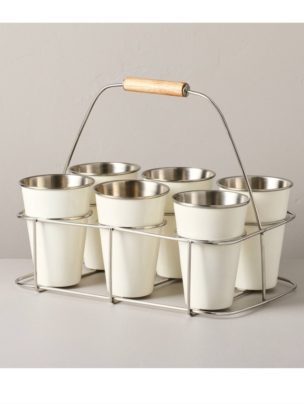 NWT Hearth and Hand with Magnolia Metal Rubberwood Cream Drink Caddy 7 piece Set